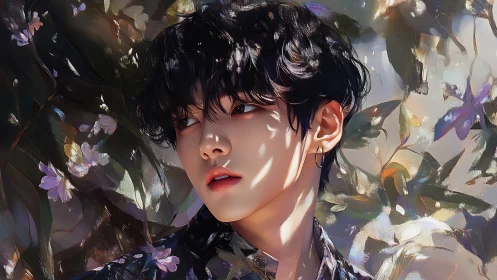 Soft light brushes contemplative youth amid painted blooms