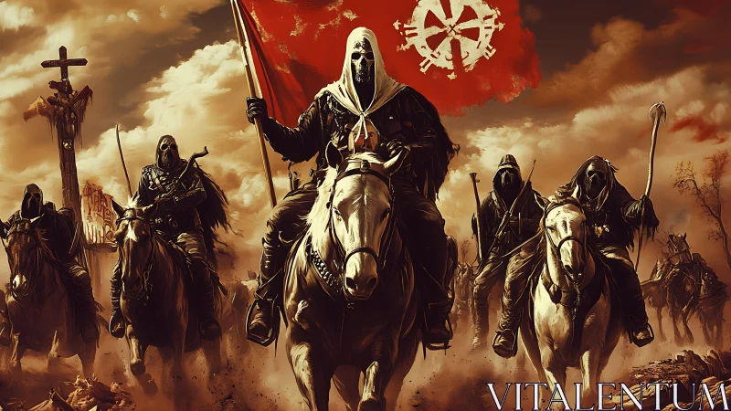 Apocalyptic cavalry vanguard under sigil-marked crimson warbanner.