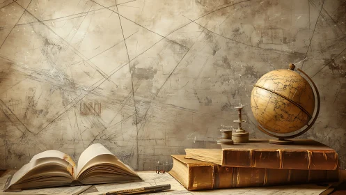 Vintage globe and old books on textured study desk.