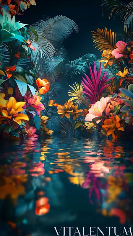 Lush tropical lagoon glowing with dreamy colorful blooms.