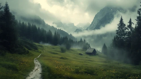 Foggy alpine valley with cabin, forest, and mountain path.