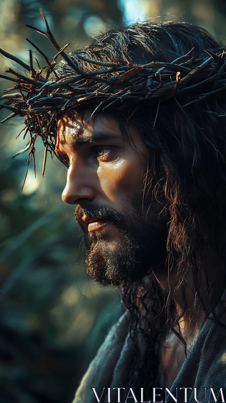 Sunlit thorn-crowned profile holds quiet, resolute sorrow