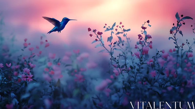 Hummingbird drifting through dreamy pink and blue dusk.