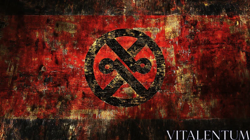 Weathered red metal glows around a bold abstract emblem