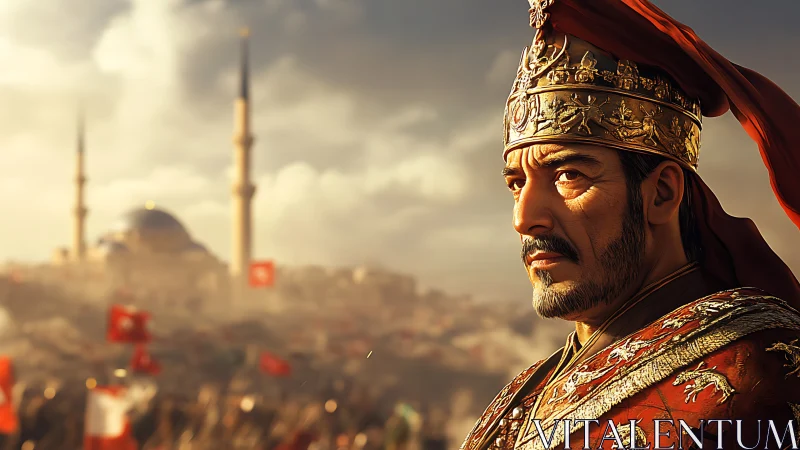 Crowned commander steadies the sunrise over a stormed city