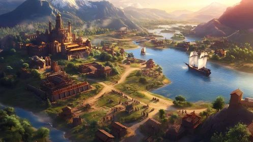 Sunlit fantasy harbor kingdom alive with trade and tales.