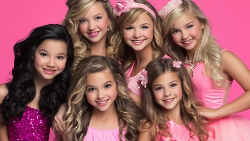 Smiling girls in coordinated pink dresses against studio backdrop.