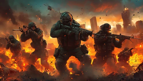 Tactical assault squad advances through urban firestorm in HDR