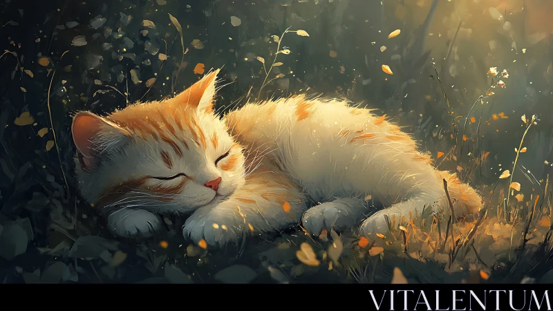 Marmalade Dreams: A Feline's Golden Hour Rest Among Autumn Whispers.