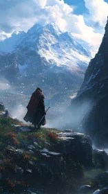 Lone cloaked wanderer gazes toward vast snowbound peaks