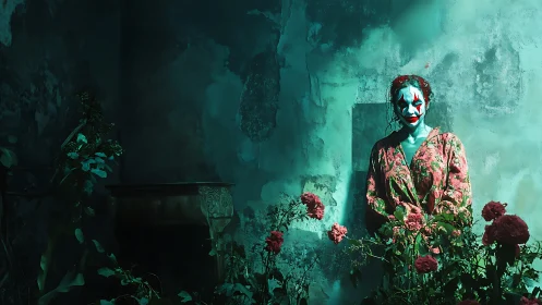 Chromatic clown figure amid decayed wall and saturated florals.