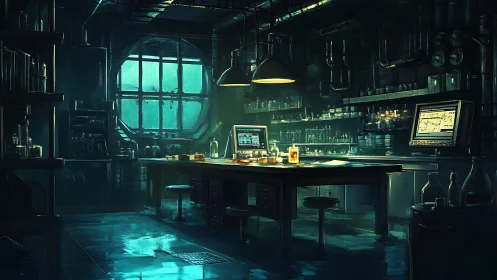 Midnight alchemy lab glows with neon science and secrets.