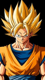 Blazing-haired warrior locked in unshakable cosmic focus.