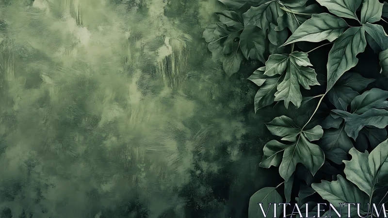 Layered foliage against textured green backdrop forms asymmetrical layout