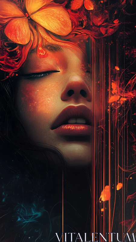 Floral-lit female portrait in fiery abstract digital bloom.