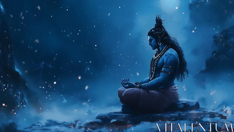 Digital painting of meditative deity in ethereal moonlit haze.