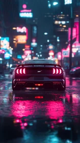 Sports car rear view dominates neon lit rainy city street