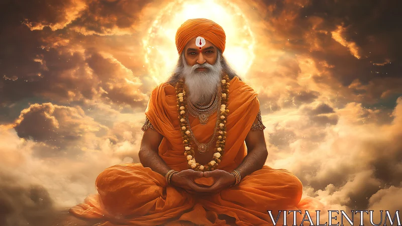 Seated orange-robed elder in clouds before bright sun disc.