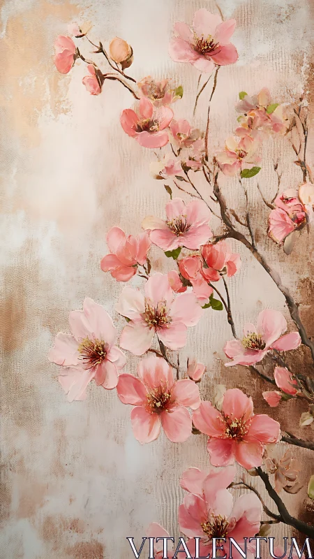 Cherry blossom branch in textured pastel impasto painting.