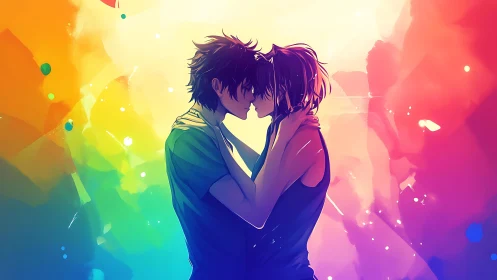 Tender anime couple against vivid rainbow backdrop.