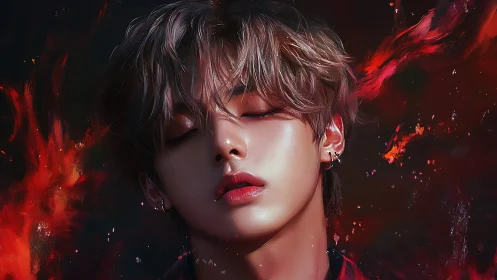 Digital portrait of androgynous figure with fiery red aura.