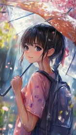Girl under spring rain with luminous umbrella artwork.