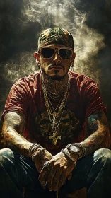 Tattooed street icon sits in swirling golden smoke.