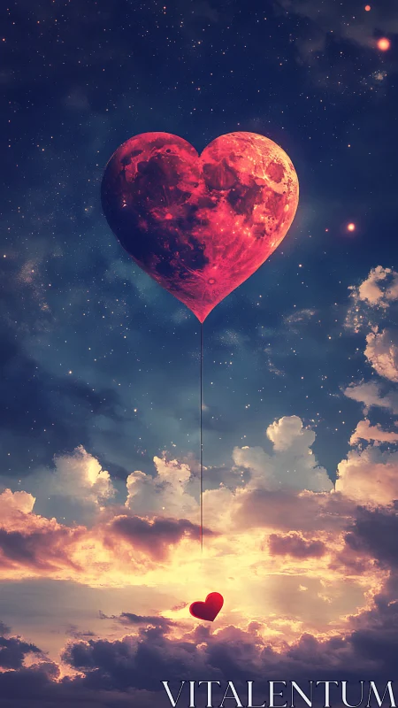 Heart-Shaped Moon Soars Skyward Through Starlit Cosmos.
