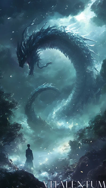Digital painting of ethereal sky dragon in misted ravine encounter.
