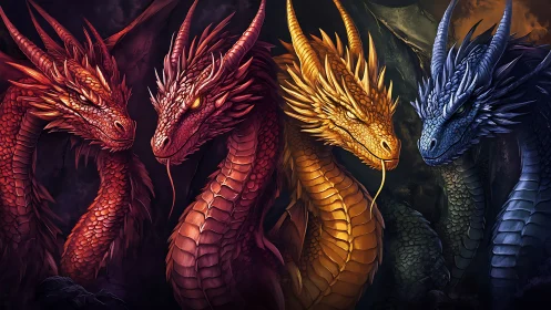 Four elemental dragons in vivid chromatic portrait lineup.