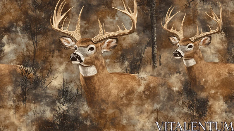 Detailed whitetail buck illustration in mottled forest camo