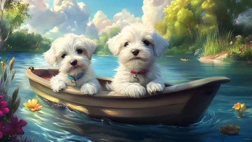 White puppies in small wooden boat on calm river.