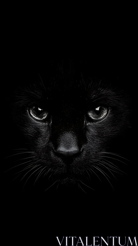 Black feline face against dark background with illuminated eyes.