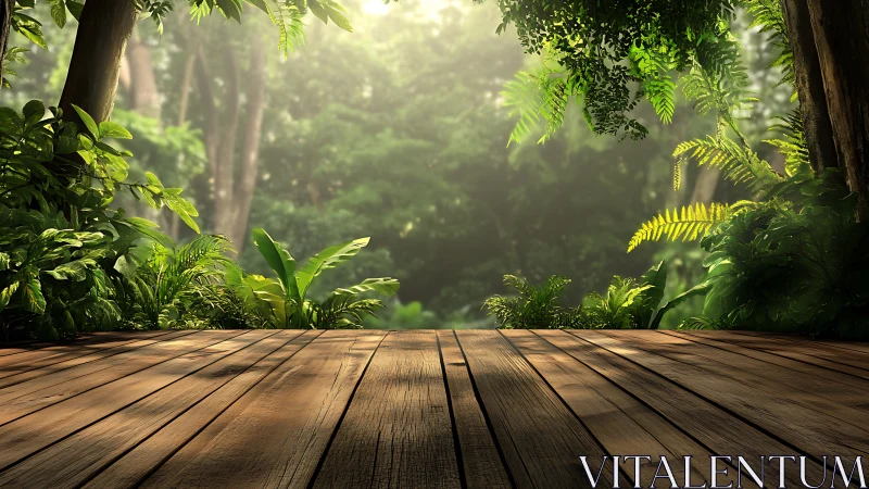 Elevated Wooden Platform Within Dense Tropical Canopy Formation.