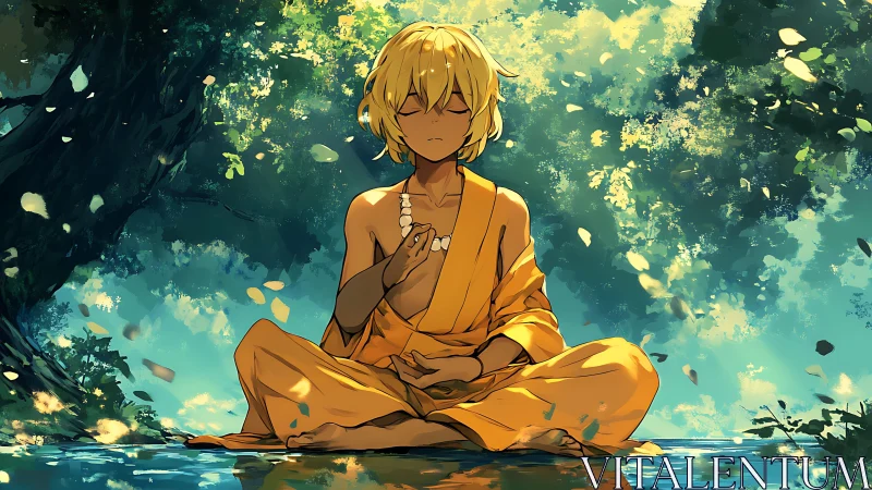 Young monk in golden robes meditating by reflective water.