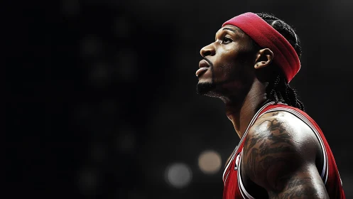 Basketball player in red jersey looks upward during game