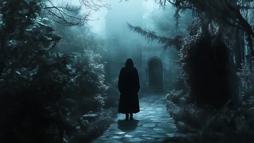 Cloaked wanderer approaches a moonlit, mist-veiled manor gate.