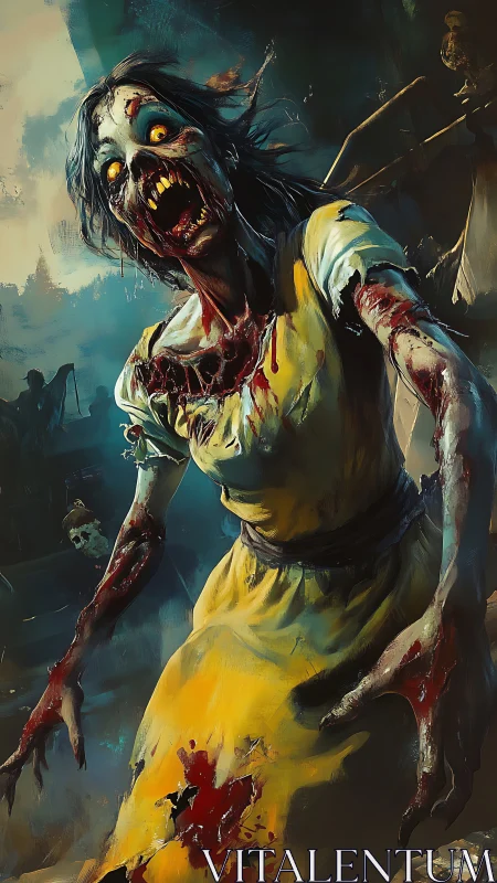 Undead woman lunges forward in tattered yellow dress.
