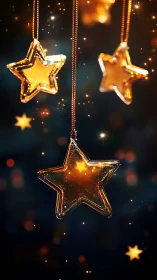 Golden glass star ornaments suspended in festive bokeh.