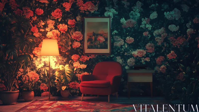 Midcentury lounge chair in moody floral interior lighting