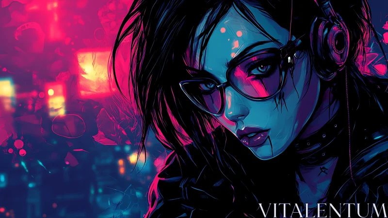 Neon-lit cyberpunk DJ portrait in electric magenta and cyan tones.