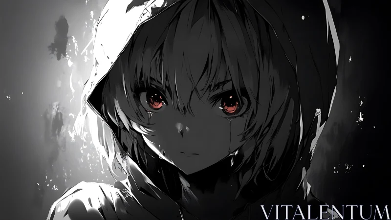 Crimson eyes carve a quiet rebellion from liquid shadow