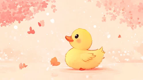 Playful duckling beneath soft pink spring blossoms.