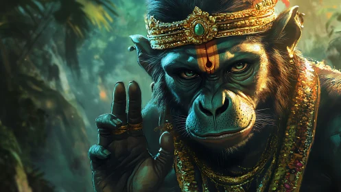 Divine monkey warrior raises a blessing hand in jungle light