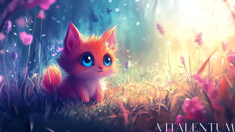 Orange cartoon kitten in glowing flower meadow at dusk.