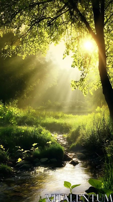 Sunlit forest brook where morning mist learns to glow.