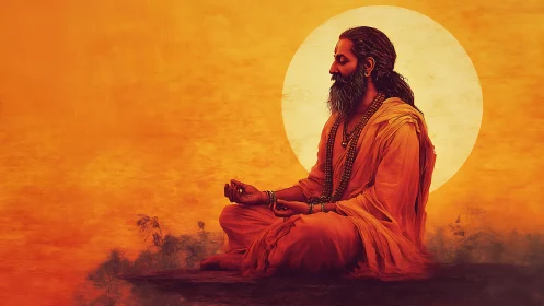 Meditating sage sits before radiant sun in orange glow