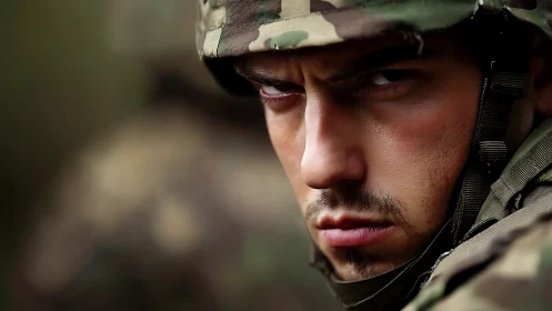 Determined soldier’s focused gaze in close-up portrait.