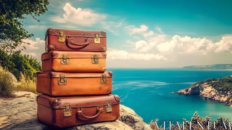 Stacked vintage suitcases overlook a sunlit coastal landscape