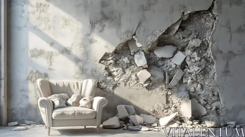 Cream armchair beside collapsed plaster wall in soft daylight